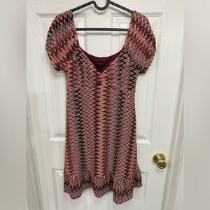 Vintage Betsey Johnson Puff Sleeve Multicolor Dig Zag Dress Size Small 90s